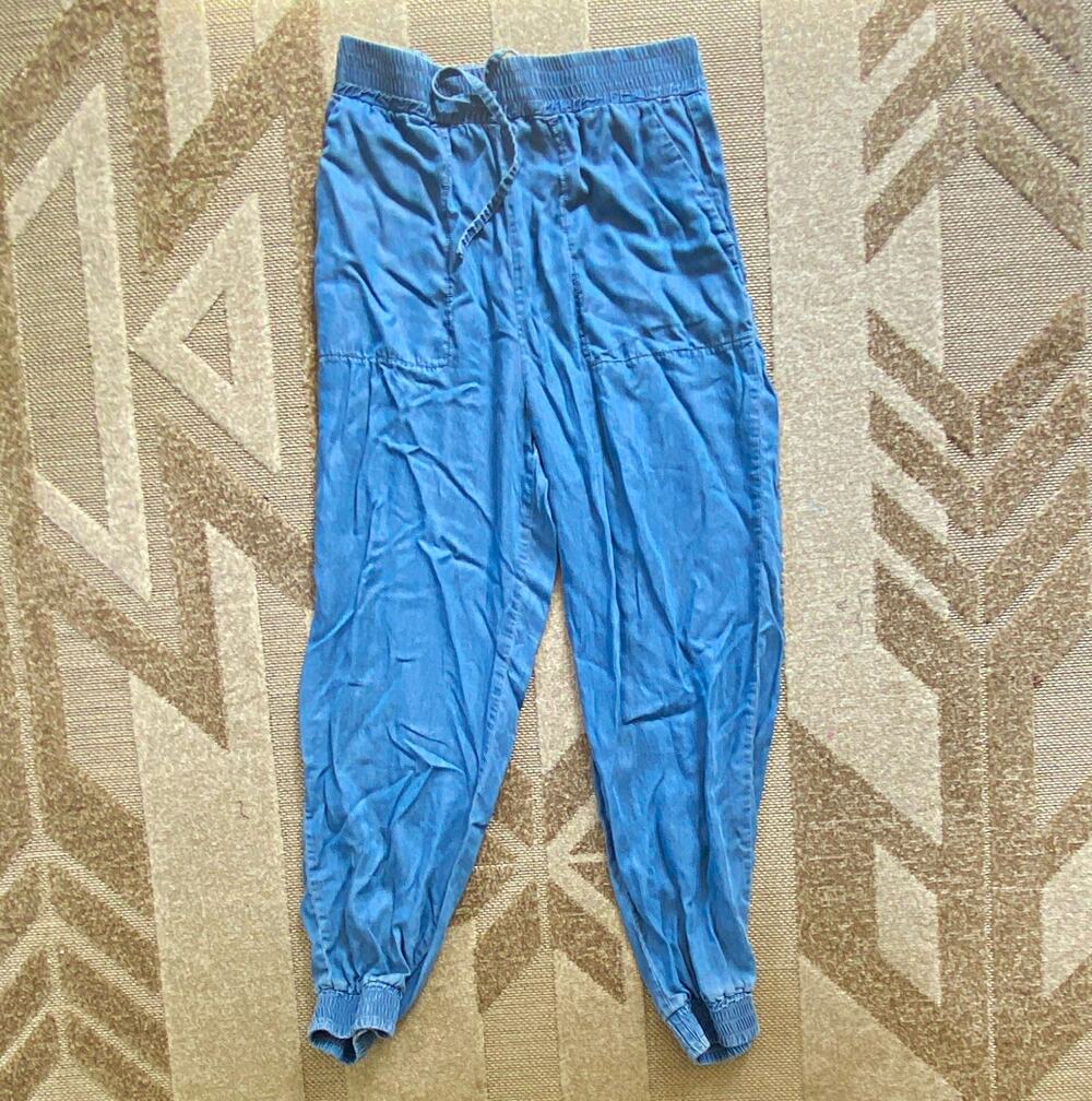 Hem & Thread Women's Blue Solid Jogger Pants Flat Front Drawstring Elastic S
